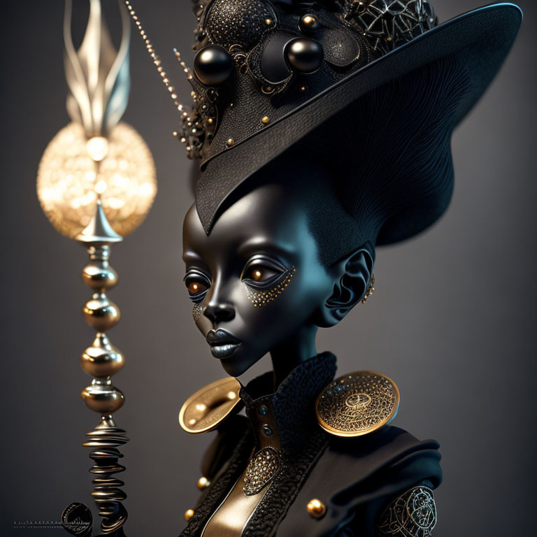 Stylized portrait of figure with dark glossy skin and golden eyes wearing elaborate black and gold attire