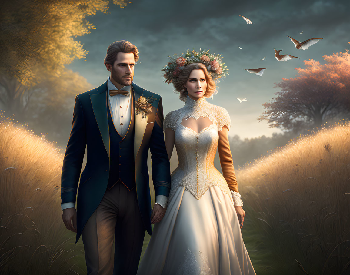 Wedding couple in field at sunset with flying birds and autumn trees