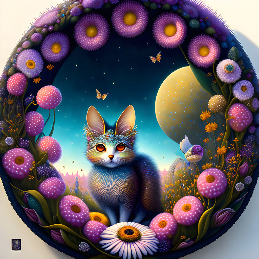 Circular surreal illustration of whimsical fox in vibrant floral scene