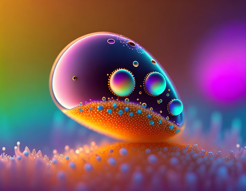 Colorful bubble with reflections in macro photography.