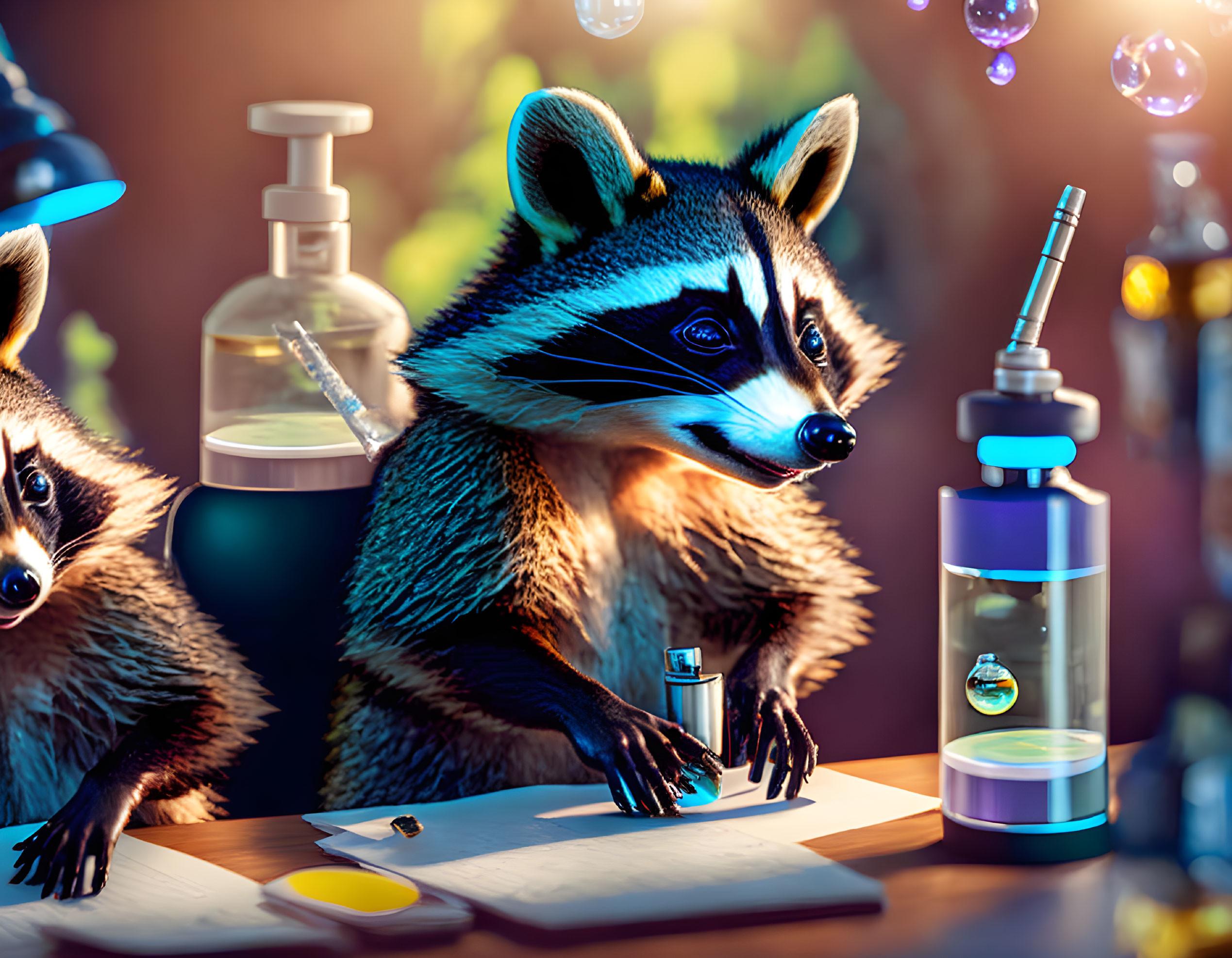 Colorful animated raccoons in lab experiment with flask and bubbles