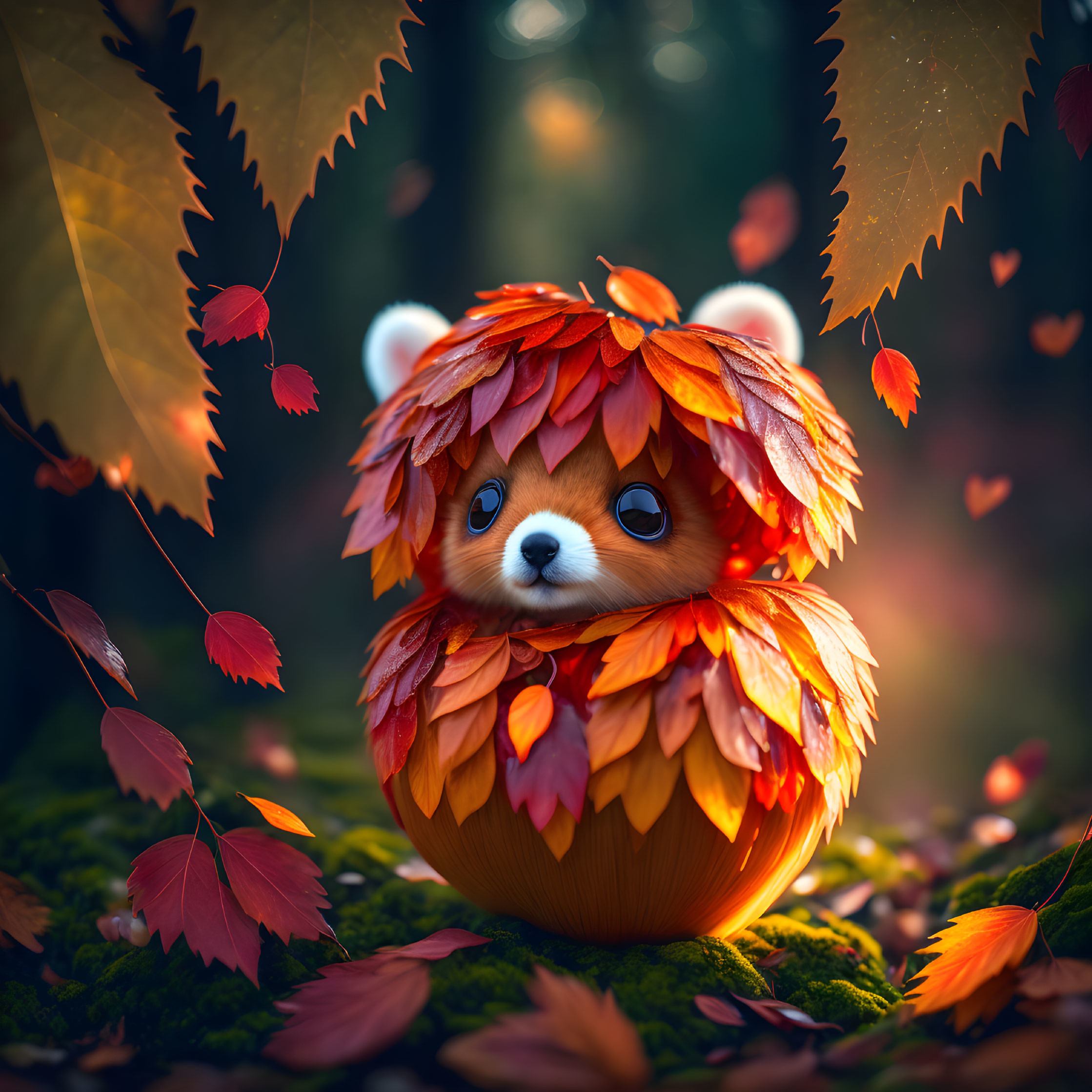 Autumn-themed creature illustration in forest setting