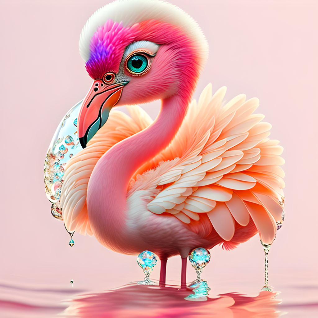 Flamingo digital illustration with vibrant feathers & jewel-like texture