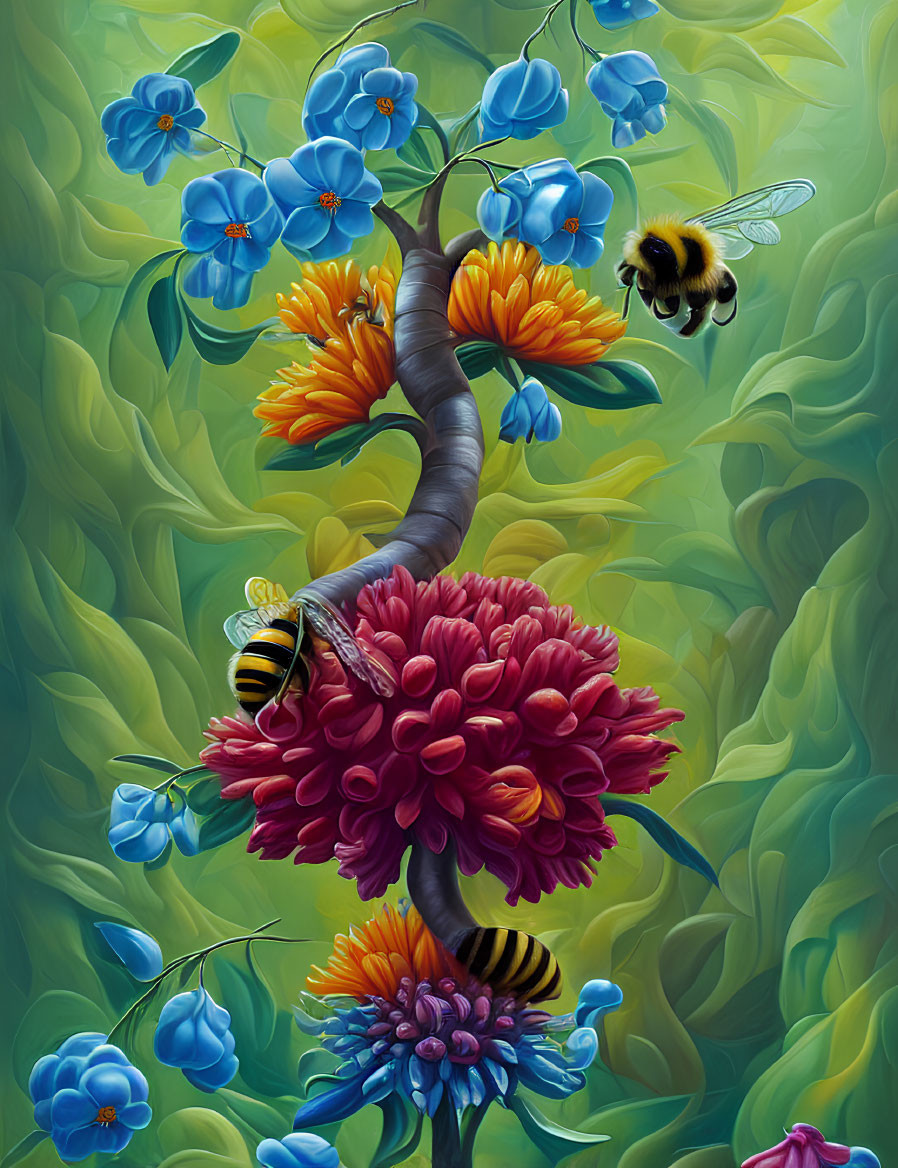 Colorful Tree Artwork with Flowers and Bumblebees