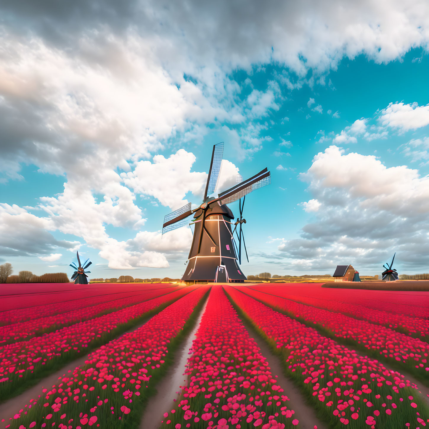 Colorful tulip field and windmills under blue sky