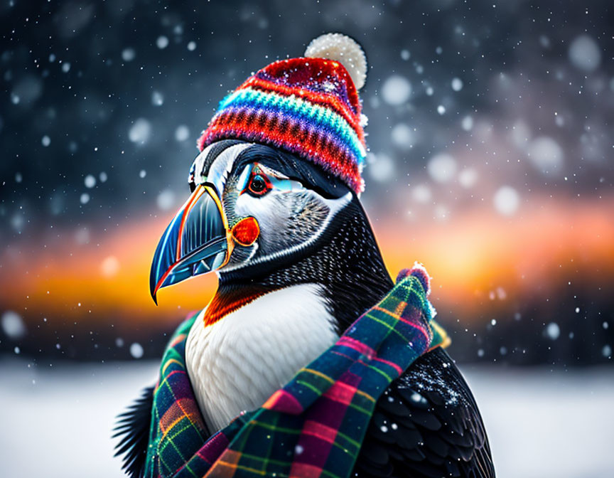 Colorful Beanie and Tartan Scarf on Puffin in Snowy Sunset