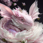 Pink Dragon Resting in White Flower Fantasy Scene