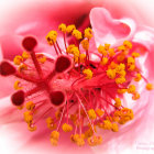 Vivid digital artwork: Red flower with eye, birds, butterflies, fantastical flora on pink background