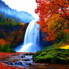 Colorful autumn waterfall scene with mist and red leaves.