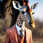 Giraffes in human attire on grassland