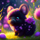 Stylized black furry creature with big shiny eyes in dreamy floral setting