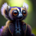 Fantastical creature with large orange eyes and purple-tipped head.