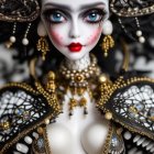 Dark-haired doll in ornate gold and black attire with blue eyes and red lips.