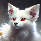 White Fox with Red Eyes Among White Flowers and Red Petals