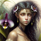 Digital artwork: Young woman with curly hair, orchid flowers, and golden jewelry.