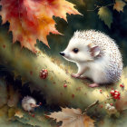 Large Hedgehog Painting with Curious Expression Among Autumn Leaves