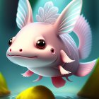 Pink axolotl illustration with expressive eyes and feathery gills in water.