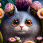 Grey Fluffy Cat with Expressive Eyes Surrounded by Flowers and Butterflies