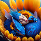 Peaceful person surrounded by giant sunflowers and fantastical blue creatures