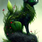 Illustration of fox with green plant motif and butterflies