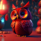 Colorful 3D illustration of a red and orange owl in festive setting