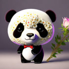 Illustrated panda with white flower wreath, purple rose, and red bow tie