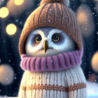 Animated owl in knitted sweater and hat on snowy background