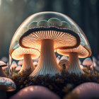 Giant Mushroom Surrounded by Smaller Mushrooms in Sunlit Forest