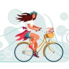 Ethereal woman in flowing dress rides bicycle with flower baskets