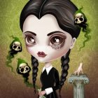 Detailed stylized illustration of girl with large eyes, braided hair, dark dress, holding green potion