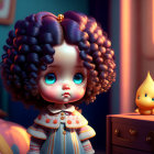 Digital illustration: Big-eyed girl with curly hair and whimsical creatures in cozy room