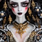 Detailed Pale Skin Doll with Striking Makeup and Ornate Attire