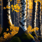 Golden Birch Trees in Autumn Forest Scene with Sunlight and Shadows