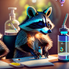 Colorful animated raccoons in lab experiment with flask and bubbles