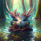 Fantastical creature with deer antlers and floral branches in enchanted forest.