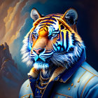 Vibrant Tiger Artwork: Blue and Orange Striped Tiger in Stylish Jacket on Smo