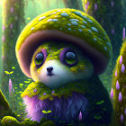 Fluffy anthropomorphic creature with purple eyes in green cap in lush forest