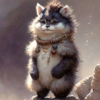 Fluffy gray cat with necklaces in natural setting with butterflies