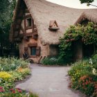 Thatched Roof Cottage in Greenery at Sunrise or Sunset