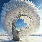 Snow-covered tree and icicles in winter night illustration