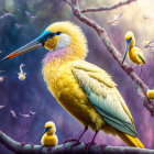 Colorful digital artwork of large bird with yellow body and blue head, surrounded by smaller birds on branch