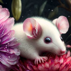 White Mouse Nestled Among Pink Flowers in Moody Setting