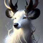 Majestic white stag with large black horns and yellow eyes