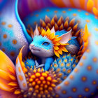 Colorful digital art: Blue dragon creature with orange spikes nestled in sunflower petals