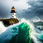 Stormy Seascape with Towering Waves and Lighthouse on Rugged Coastline