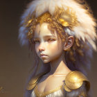 Girl with Golden Eyes in White Fur & Gold Jewelry