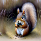 Detailed Illustration: Red Squirrel Eating Nut in Tall Grass