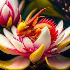 Orange Dragon-Like Creature on White and Red Flower with Green Leaves