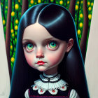 Hyper-realistic depiction of doll-like girl with large blue eyes, black hair, pale skin, and