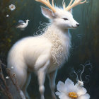 Mystical white stag with antlers in glowing forest scene